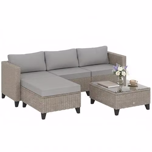 Outsunny 5-Piece L-Shape Rattan Garden Furniture Set with Ottoman and Coffee Table in Grey and Brown – 1