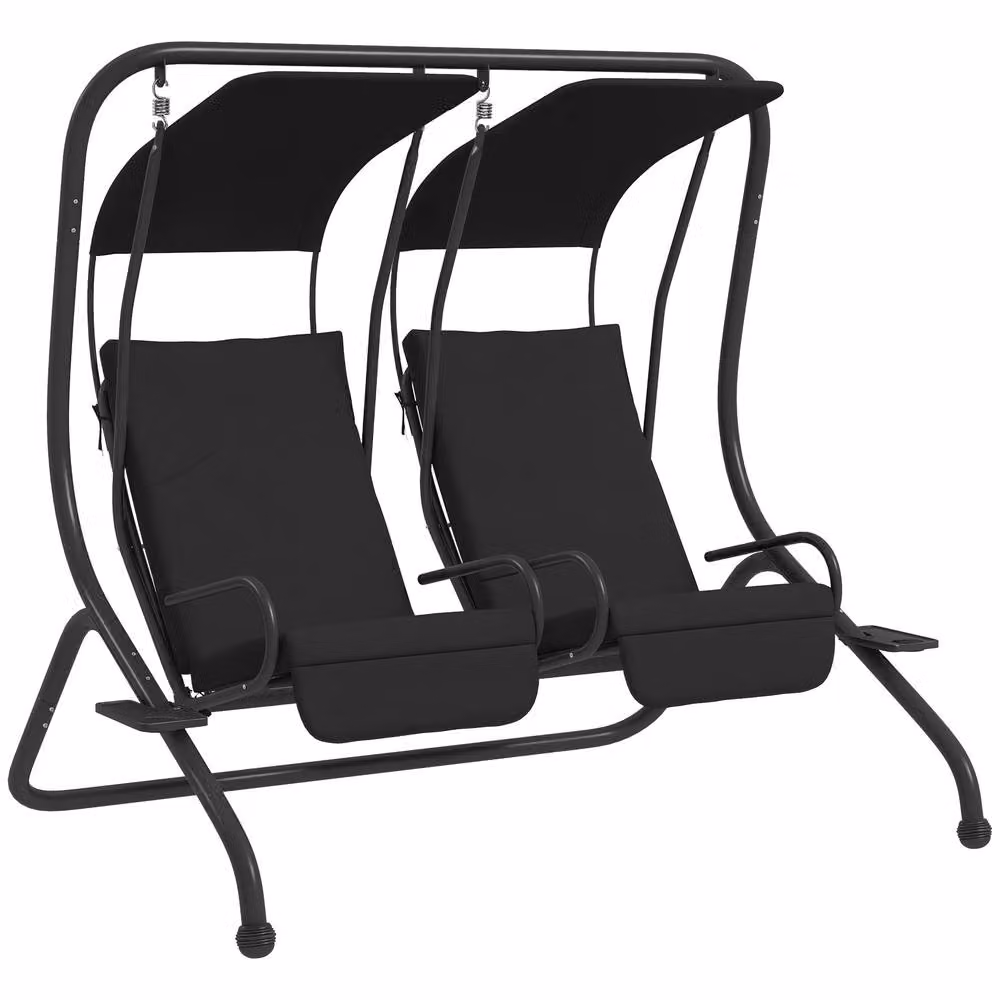 OUTSUNNY 2 Seater Canopy Swing with Armrests and Cup Holders in Black – 2