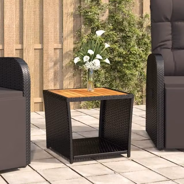 Berkfield Home Tea Table with Black Poly Rattan and Solid Acacia Wood Top – 1