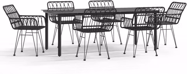 Berkfield Home 7 Piece Black Poly Rattan Garden Dining Set with Steel and Glass Details