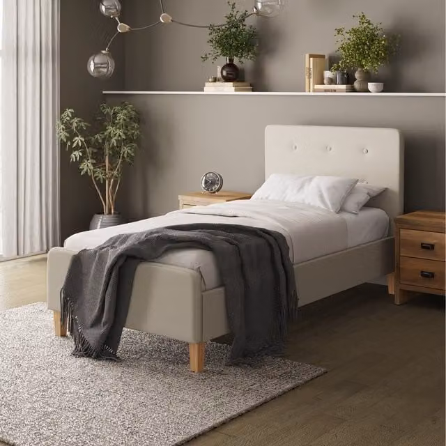 GFW Ashbourne Upholstered Bedframe in Grey and Beige, W/D/H: 90 x 190 cm