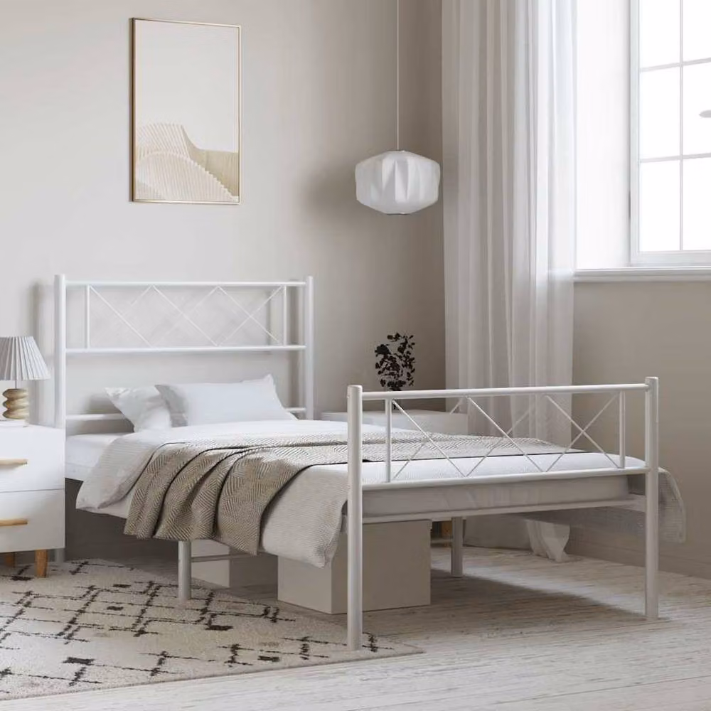 Berkfield Home Metal Bed Frame with Headboard and Footboard in White, W/D/H: 100 x 190 cm – 2