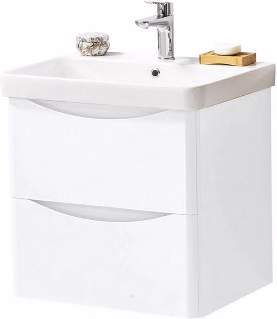 Clifton Gloss White Wall Mounted 2-Drawer Bathroom Unit with Ceramic Basin W: 60 cm, D: 46 cm, H: 60 cm