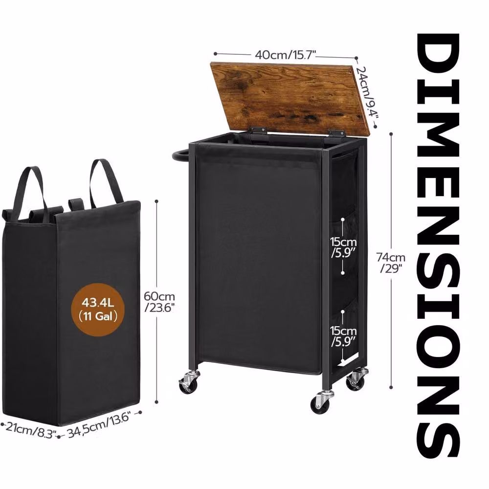 FURNOS Industrial Laundry Basket Trolley with Shelf, Lid and Wheels in Black, W/D/H: 74 x 40 x 43.4 cm – 5