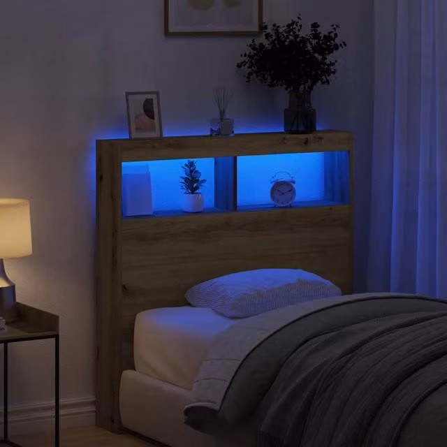Berkfield Home Artisan Oak Headboard Cabinet with LED Lighting and USB Charging Port, Brown, W/D/H: 100 x 17 x 102 cm