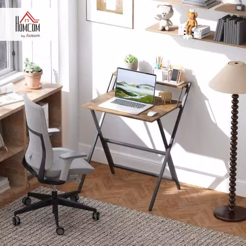 HOMCOM Folding Computer Desk with Monitor Shelf, Rustic Brown – 2