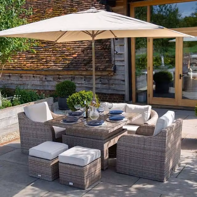 Primrose Living Classic Rattan 6 Seater Sofa Set with Rising Dining Table in Beige
