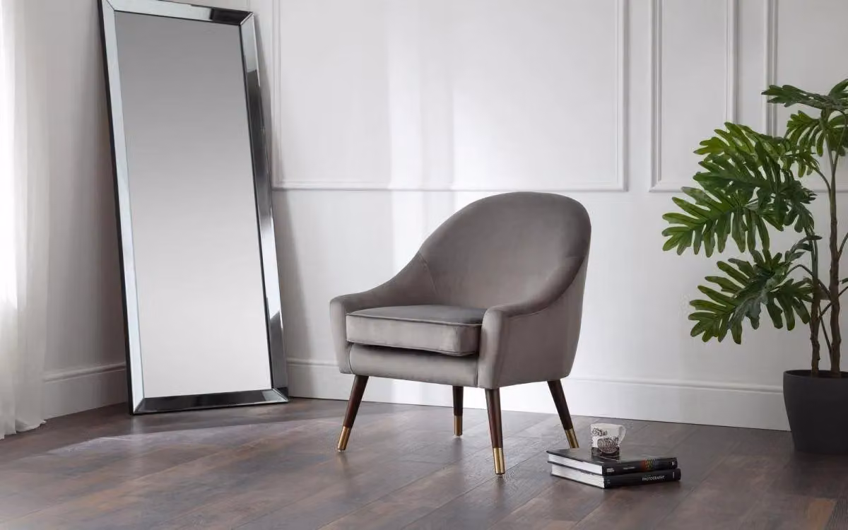 Ashfield Grey Velvet Cushion Armchair with Gold Details and Oak Wood Frame – 5
