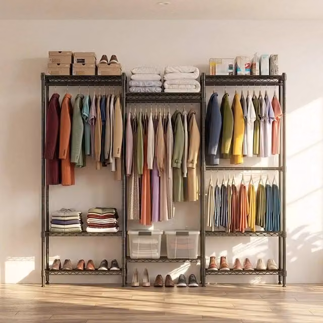 EONLION Black Metal Freestanding Clothes Rail and Open Wardrobe – 1