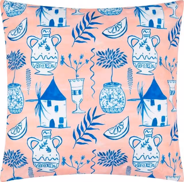 Aegina Floral Printed Outdoor Square Cushion Cover in Peach and Pink