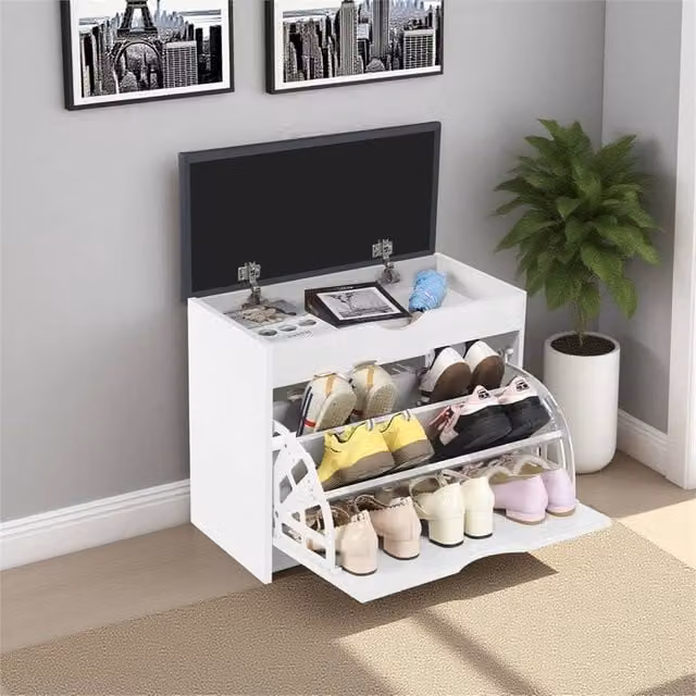 EONLION White Synthetic Leather Shoe Bench and Hallway Storage Cabinet, Width: 100 cm – 1