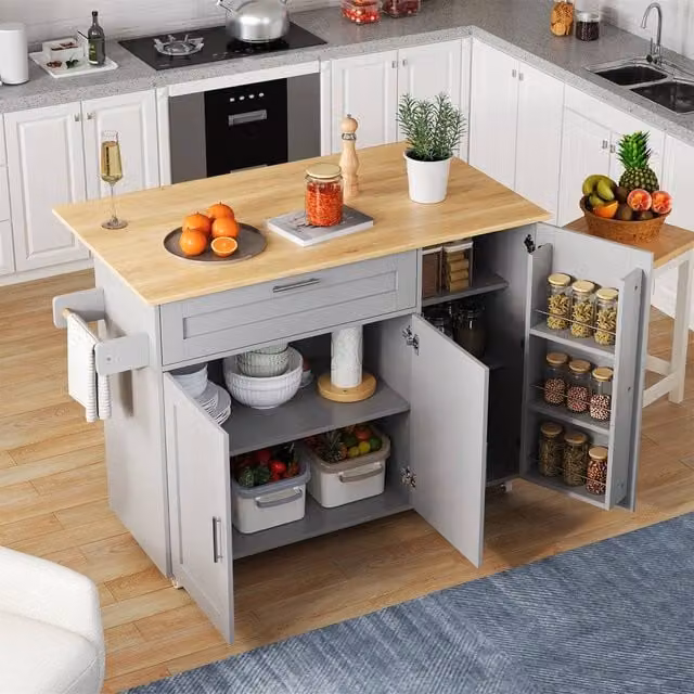 BTM Kitchen Island on Wheels with Spice Rack and Towel Holder in Grey, H: 90.0 cm x W: 44.0 cm x D: 132.5 cm – 1