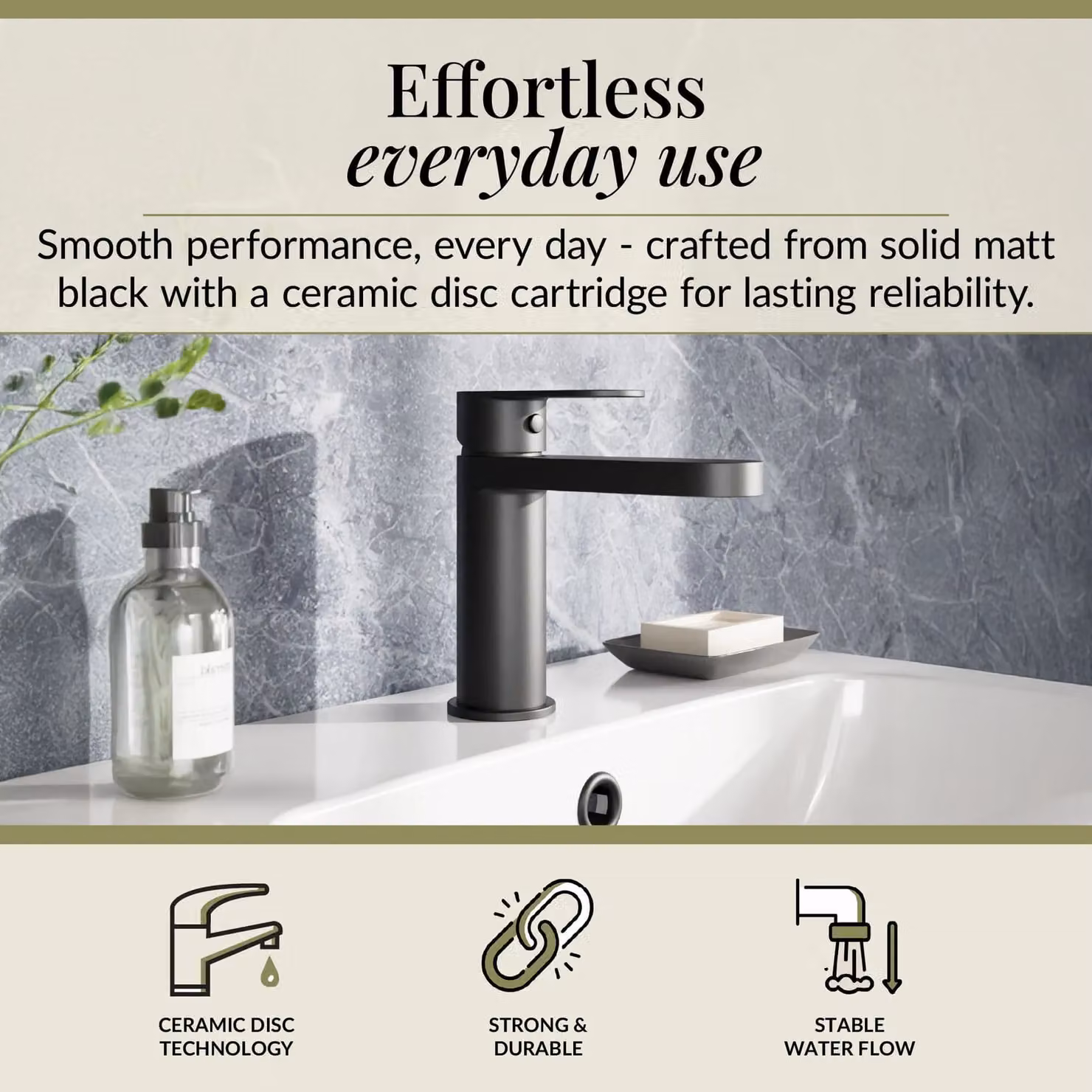 Balterley Cascade Round Mono Basin Mixer Tap with Push Button Waste, Matt Black – 2