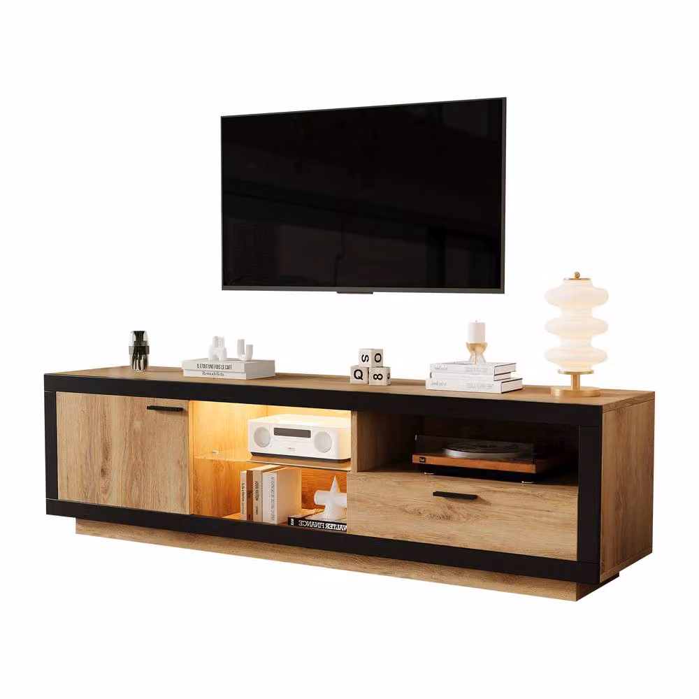 ModernLuxe Modern TV Cabinet with LED Light, 1 Drawer and 1 Door in Natural, W: 160 cm, D: 40 cm, H: 50 cm – 7
