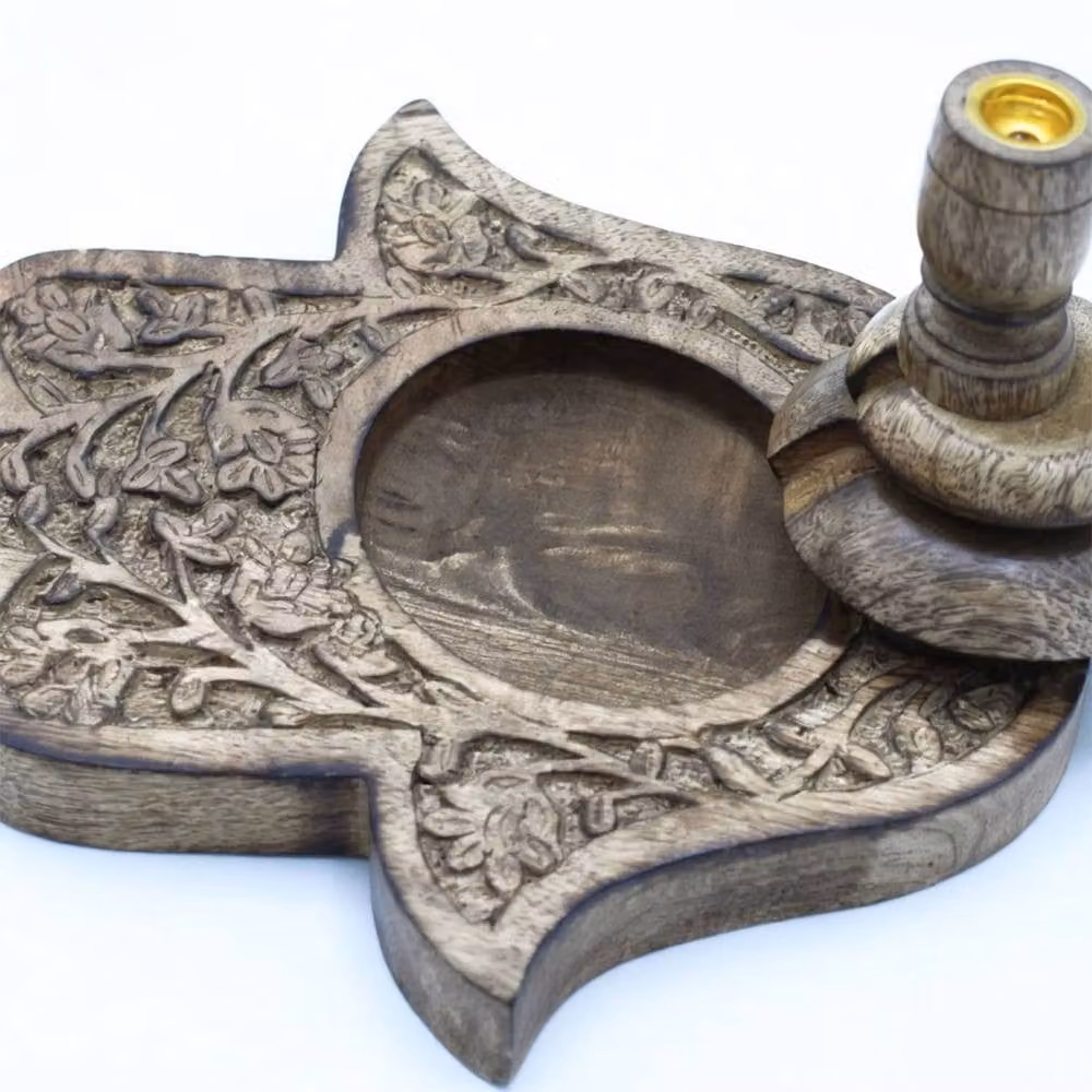 KDMD Large Mango Wood Backflow Burner with Hamsa Design in Beige and Brown – 2