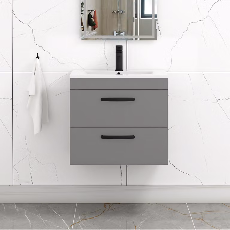 Royal Bathrooms Modern Wall Hung Vanity Basin Unit, Grey Gloss with 2 Drawers and Black Handles, Width: 60 cm