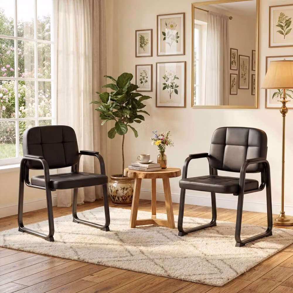 Gymax Set of 2 Black Synthetic Leather Office and Reception Guest Chairs with Armrests – 11