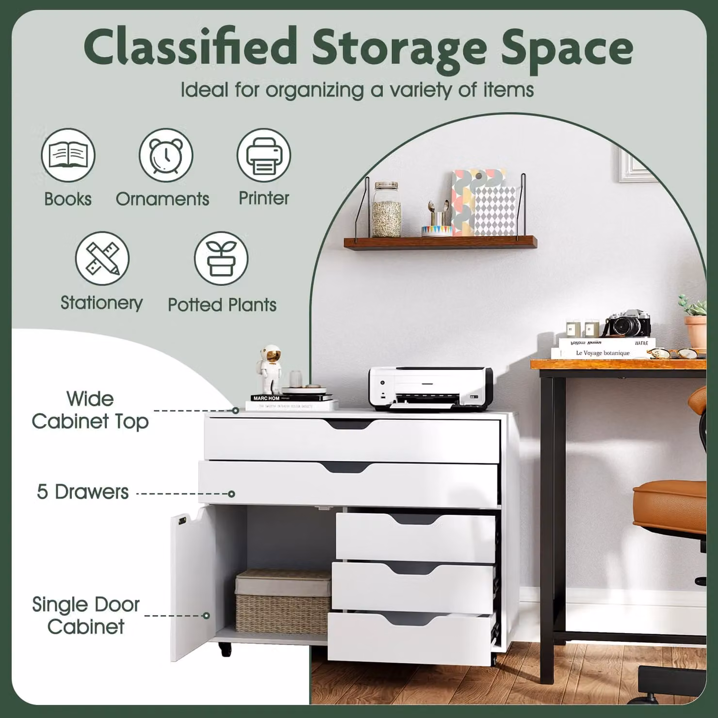 Costway Mobile 5-Drawer Chest with Door and Casters in White – 2