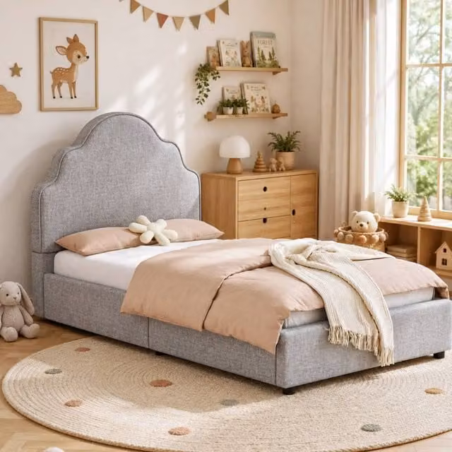 BTM Scalloped Princess Upholstered Single Bed in Light Grey, W/D/H: 90 x 190 cm