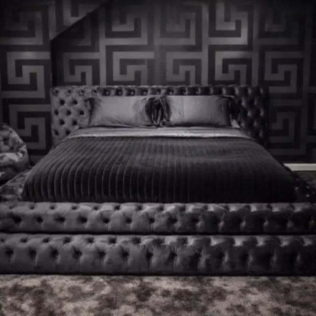HOB Furniture Royal Emporium Double Bed in Charcoal Grey French Velvet, W: 152 cm, L: 200 cm, H: 140 cm