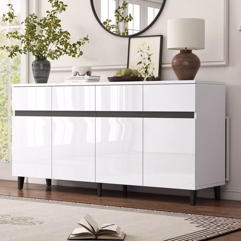 BTM White Glossy Storage Cabinet Sideboard with Drawers, Doors and Adjustable Shelves W/D/H: 160 x 40 x 68 cm – 2
