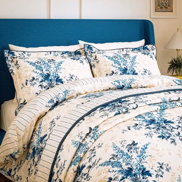 V&A Larkspur Meadow Kingsize Blue Floral Cotton Percale Duvet Cover and Pillowcase Set, W: 180 cm, L: 200 cm
