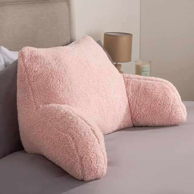 OHS Teddy Fleece U-Shaped Bed Reading Cushion with Lumbar Support in Light Pink