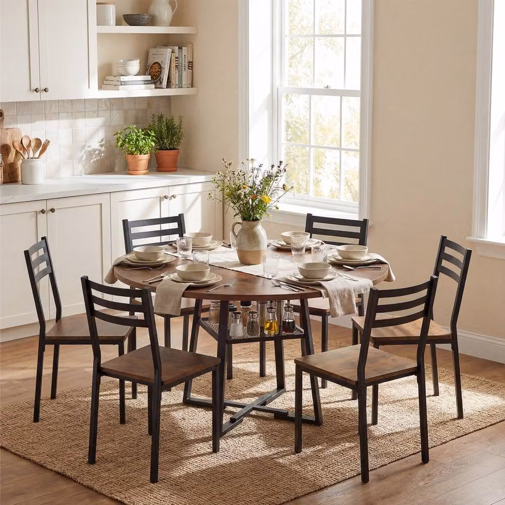 Gymax Industrial Round Dining Table in Brown with Rubberwood Top and Metal Legs, Diameter: 120 cm – 7