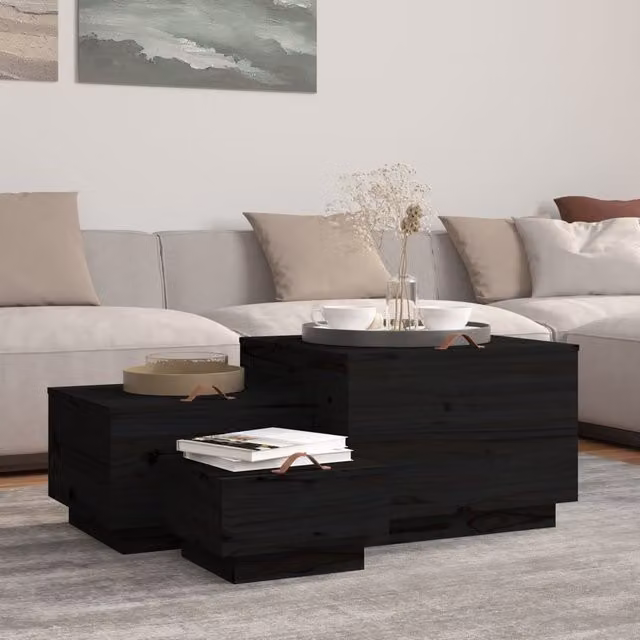 Berkfield Home Set of 3 Black Solid Pine Wood Storage Boxes with Lids – 1