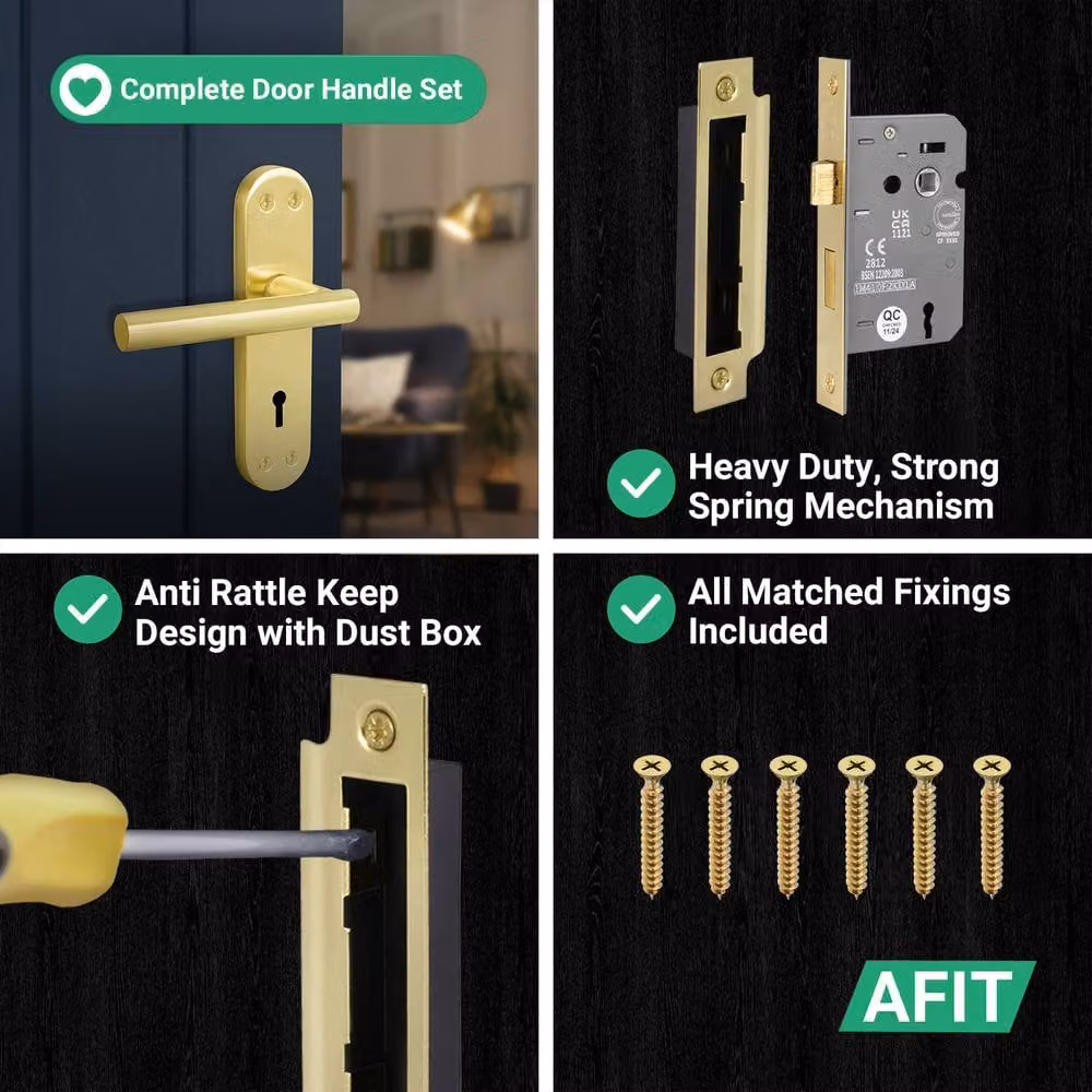 AFIT T-Bar Satin Brass Lock Backplate Handles Set in Gold, W/D/H: 150 x 150 x 150 mm – 2