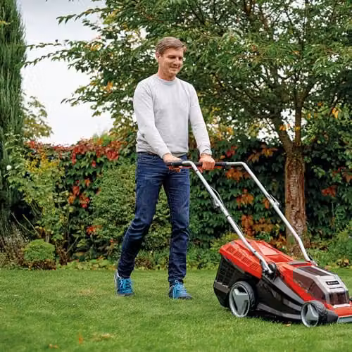 Einhell Power X-Change 36V Cordless Lawnmower in Red with 2x Rechargeable Batteries, 2x Quick Chargers, Mulching Kit and Collection Bag – 2