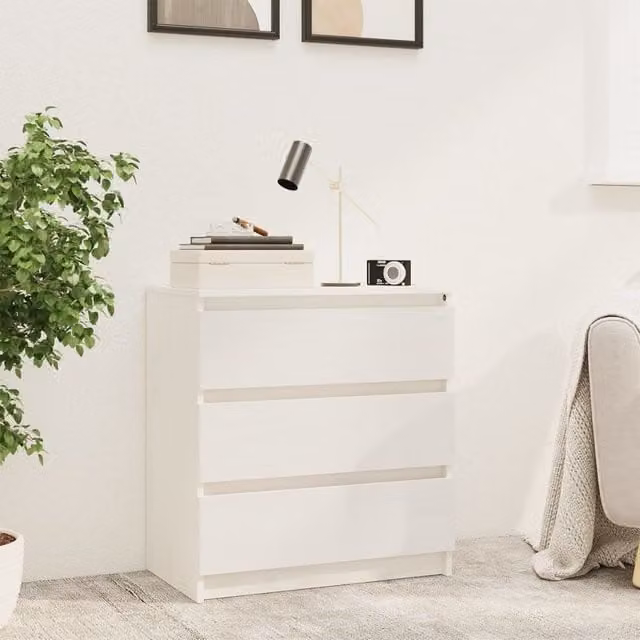 Berkfield Home White Solid Pinewood Bedside Cabinet W: 60 cm, D: 36 cm, H: 64 cm