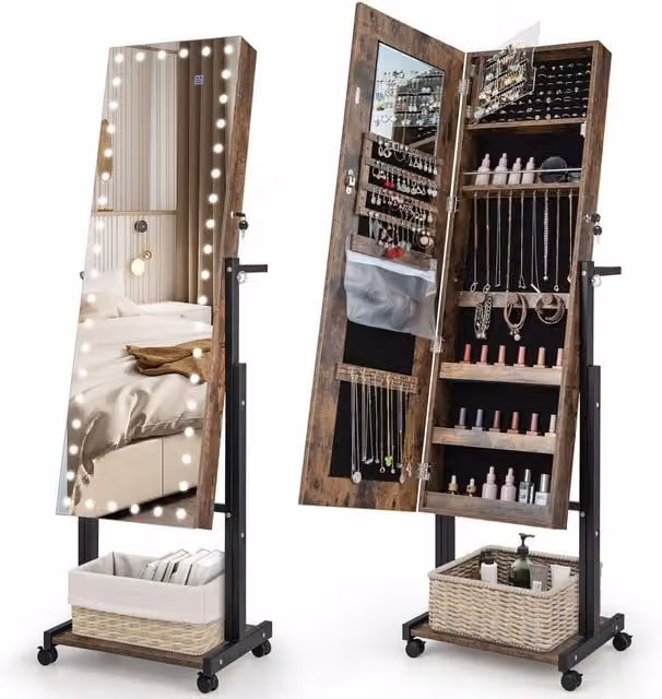COSTWAY Brown Wood Jewellery Armoire with LED Lighting and Mirror on Door
