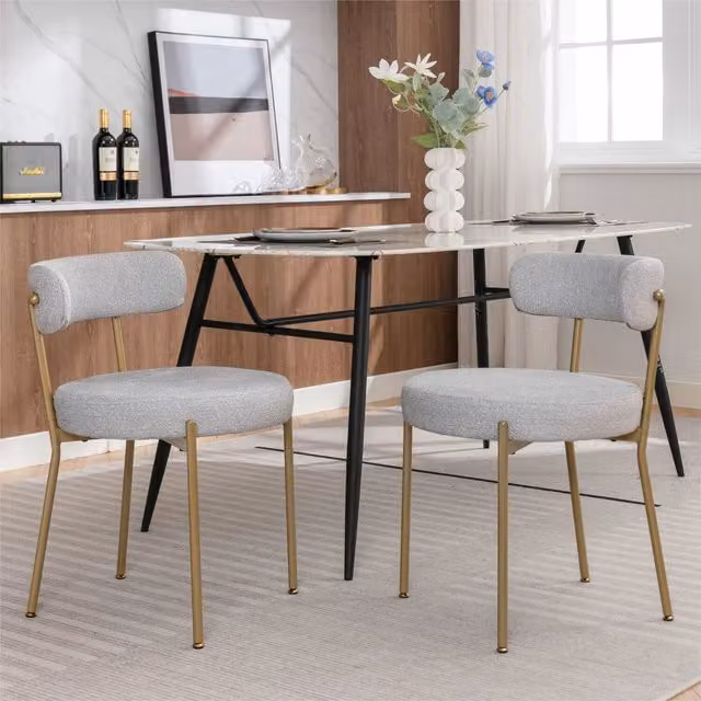Home Touch Interiors Modern Upholstered Bouclé Tub Dining Chairs in White and Grey, Set of 2