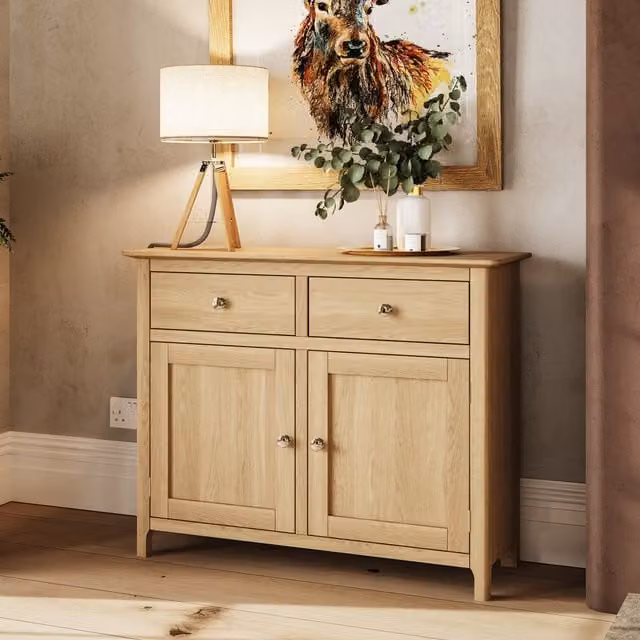 Taberno Modern 2 Door 2 Drawer Sideboard in Beige and Brown with Oak Effect Top