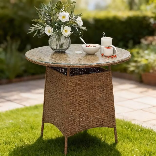 ERGOVEXA Brown Round Polyrattan Wicker Garden Table with Glass Top
