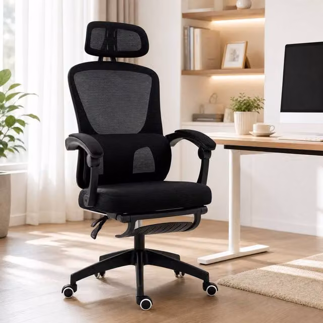 STILVORA Ergonomic Fabric Office Chair with Headrest and Armrests in Black, H 128 x W 62 x D 62 cm – 1