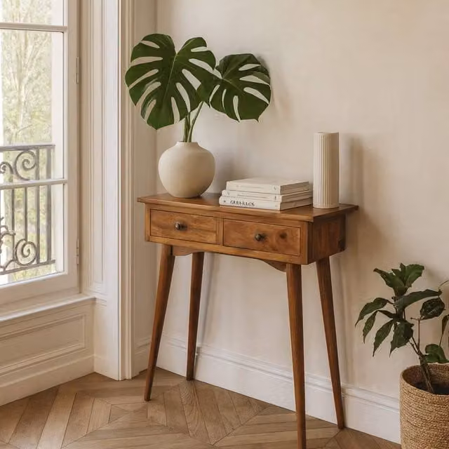 Wyld Haus Parma Mini Mango and Oak Wood Console Table with 2 Drawers, Brown, W/D/H: 70 x 30 x 78 cm