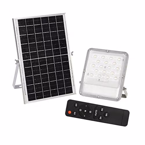 ENERJ 50W Solar Powered LED Floodlight with Solar Panel and Remote Control, White