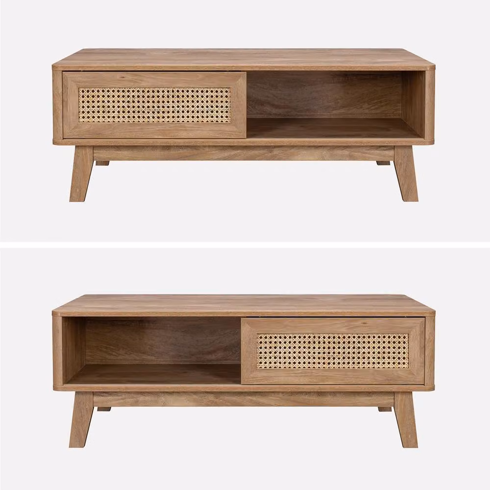 sweeek Mid-Century Rectangular Coffee Table with Sliding Door, Wood and Cane Effect, Brown, W/D/H: 110 x 59 x 40 cm – 2