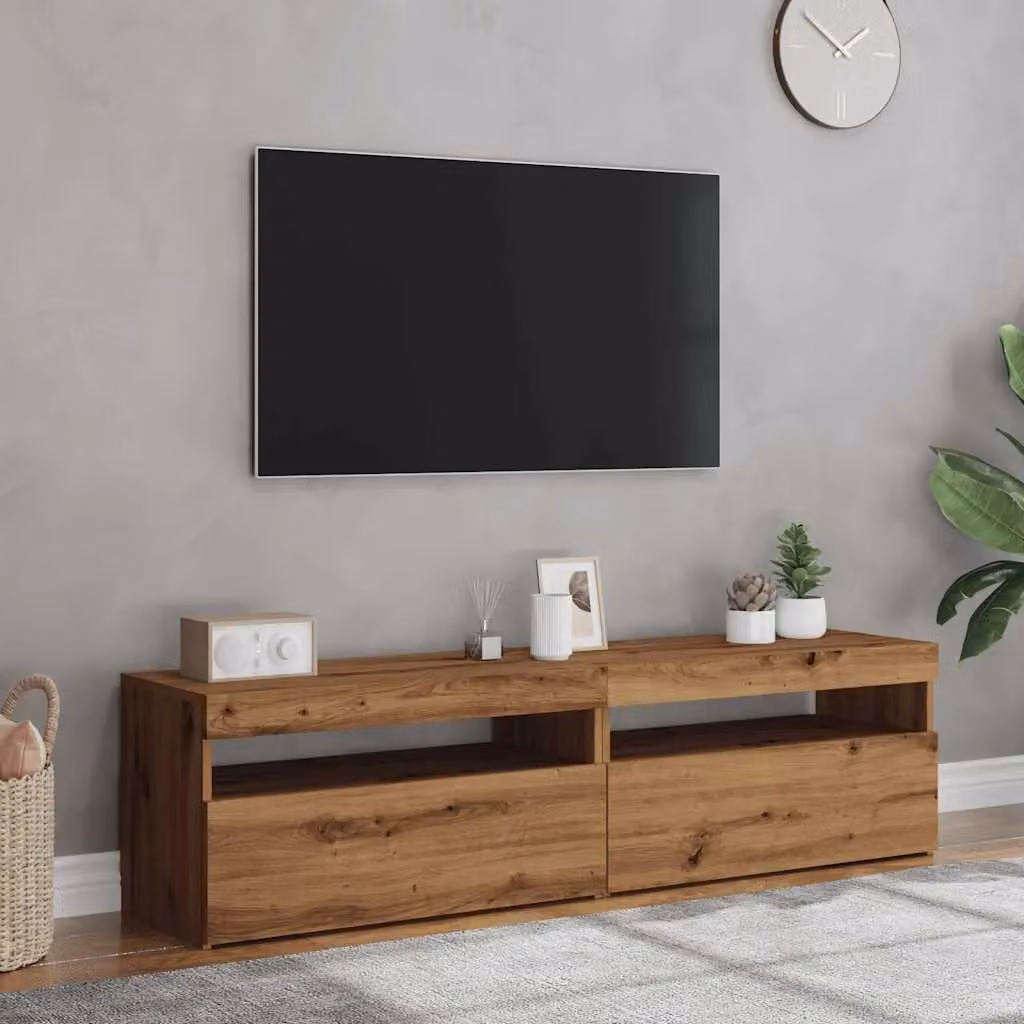 Berkfield Home Set of 2 Artisan Oak TV Cabinets with LED Lights in Brown – 3