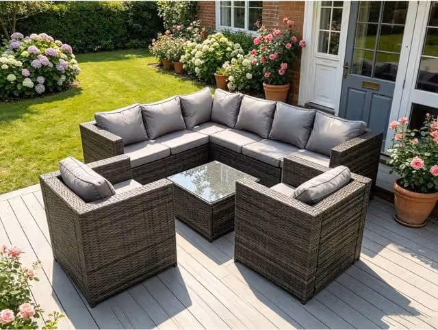 Fimous 8 Seater L-Shape Rattan Garden Furniture Set in Grey with Powder Coated Steel Frame