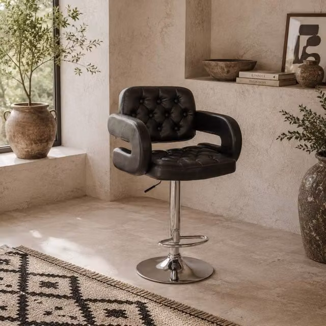 Wyld Haus Rina Black Faux Leather Adjustable Swivel Bar Stool with Armrests