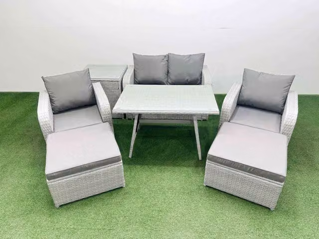 Fimous Grey PE Wicker Rattan Garden Furniture Set with 2-Seater Sofa, Lounge Armchair, Ottoman and Side Table