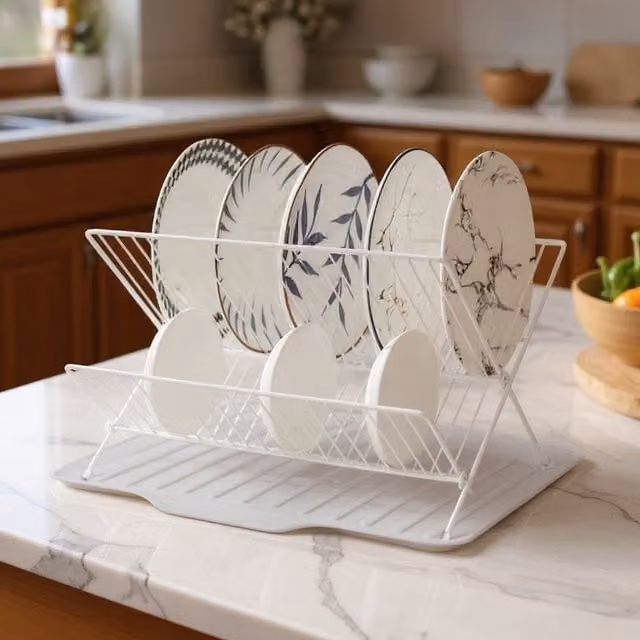 Lifeideas 2 Tier Foldable Countertop Dish Drying Rack with Drip Tray, White