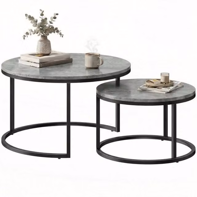 KORVIXA 2 Piece Round Stacking Coffee Table Set with Steel Frame in Grey and Black, W/D/H: 100 x 100 x 100 cm – 1