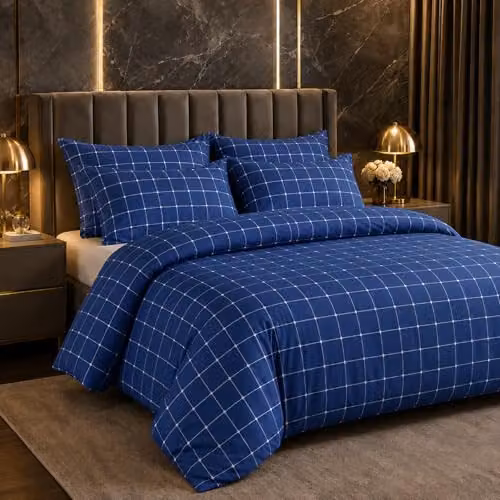 Lazzaro Home Blue Checked Microfibre Reversible Duvet Cover Set with Zipper Closure, W/D/H: 240 x 220 cm and 50 x 75 cm Pillowcases