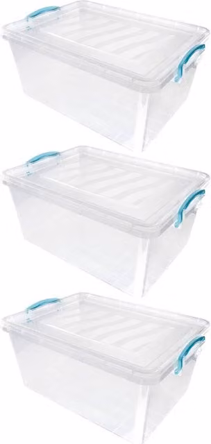 JVL Set of 3 Transparent Plastic Clip Lid Storage Boxes, 25L Each