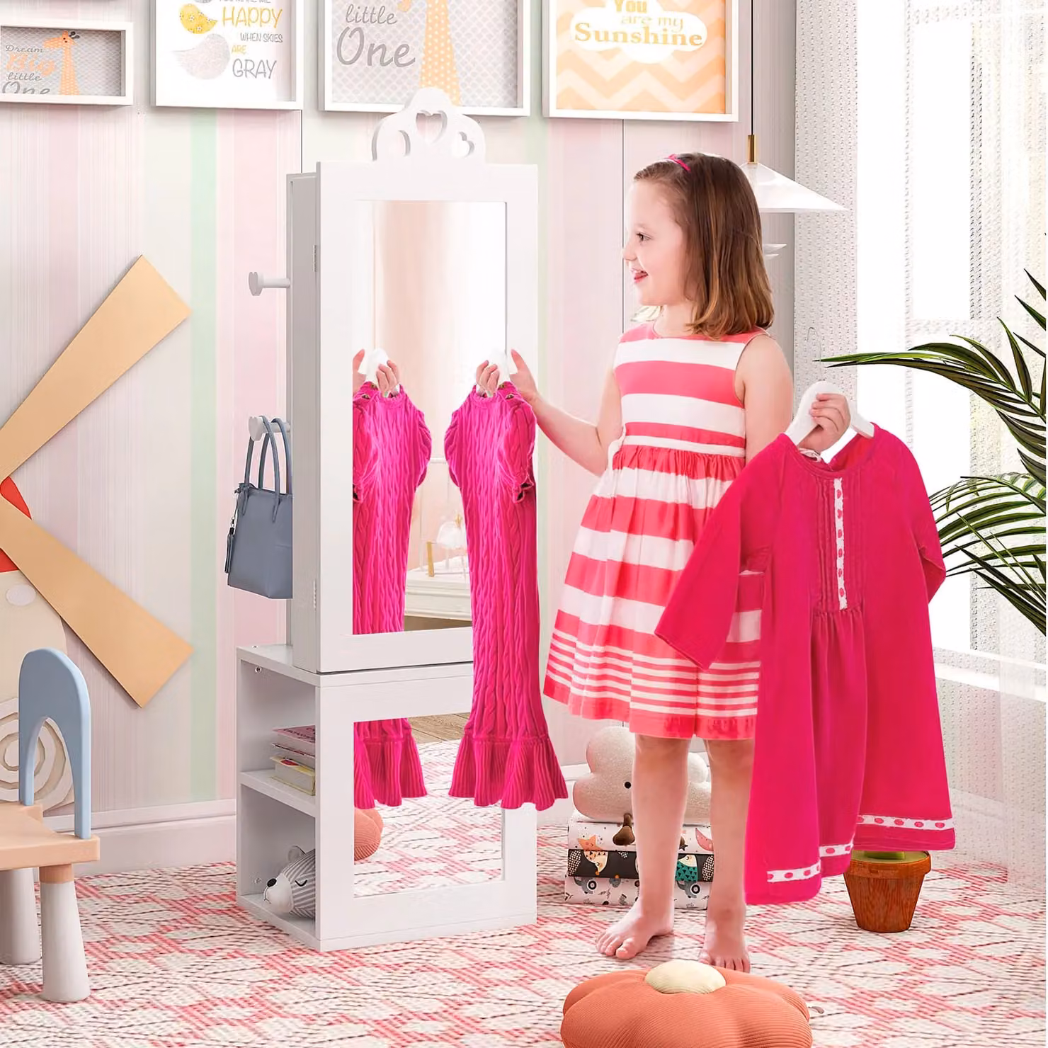 Costway Kids 3-in-1 Jewelry Armoire and Storage Organiser with Mirror in White, H 117.0 x W 34.0 cm – 2
