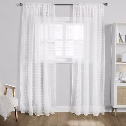 OHS White Transparent Voile Net Curtain Pair with Tufted Pompom Detail, W/D/H: 140 x 220 cm